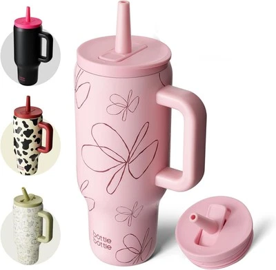 BOTTLE 30 oz Tumbler with Lid and Straw, 30 Ounces, pink flower  - Image 1 of 4