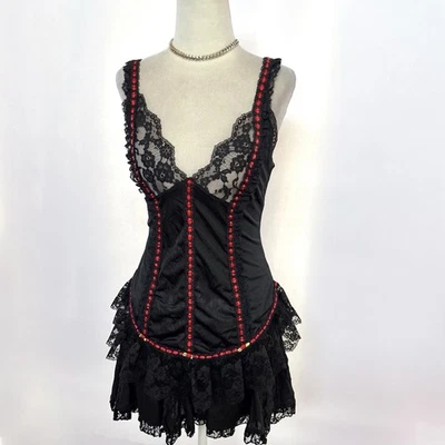 Lencería Tosca Vintage Años 80 Negro y Rojo Satinado Encaje Cami Top M Goth Grunge Foto 1 de 4