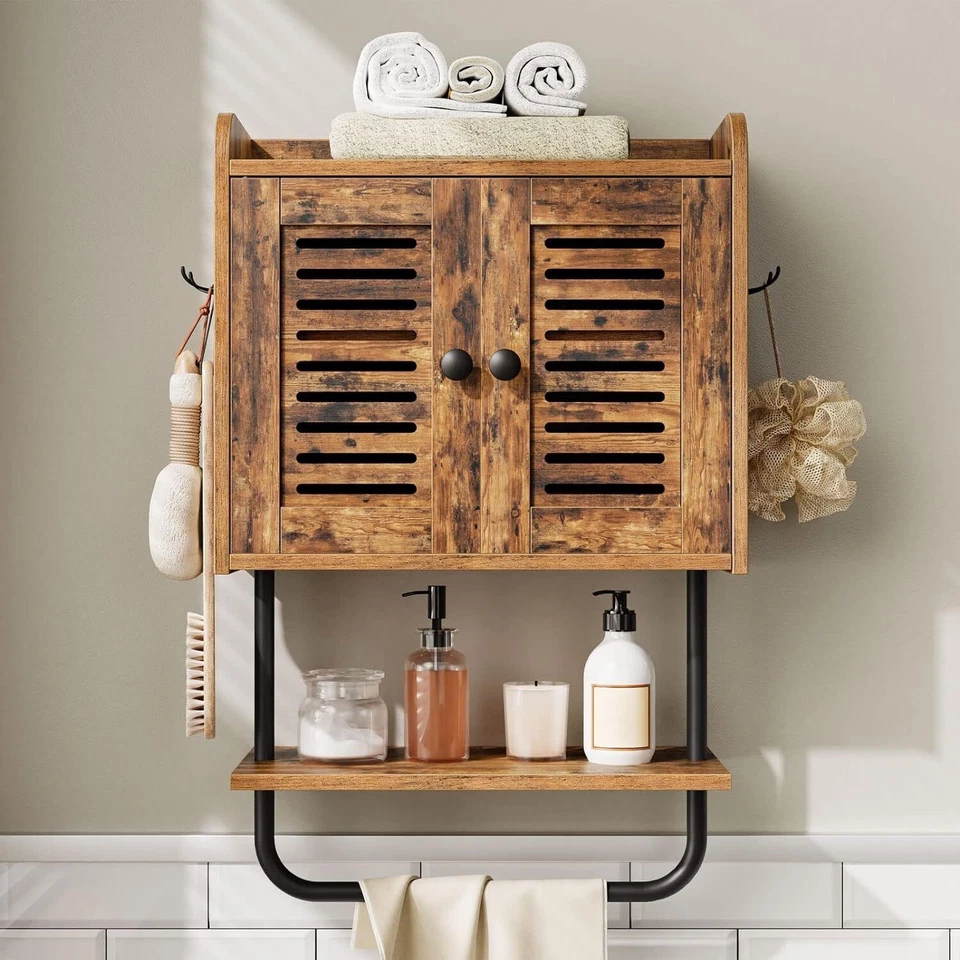 Hoobro Double Doors Bathroom Wall Cabinet with Towel Bar Rustic Brown BF46CW01