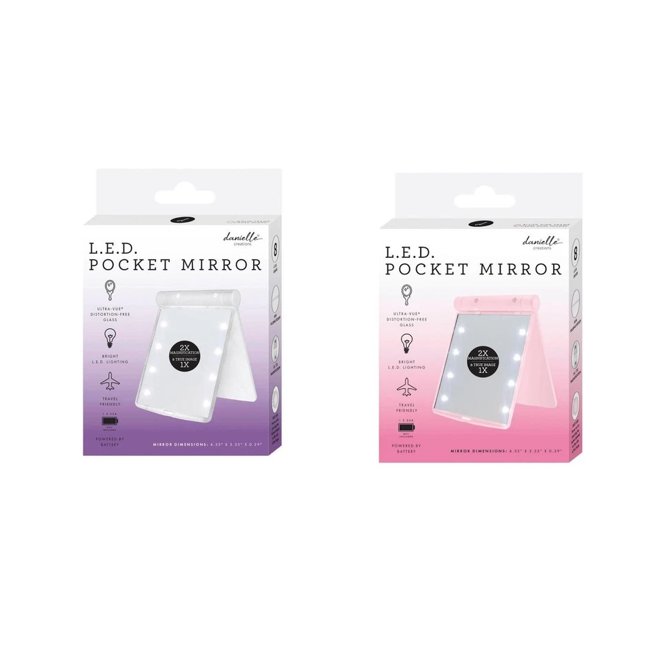 Travel LED Pocket Mirror Slim Folding Design Pink White Magnified Side Battery - Image 1 of 1