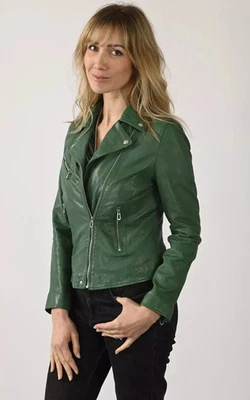 Chaqueta de cuero verde para motociclista para mujer elegante hecha a mano piel de cordero genuina motocicleta Foto 1 de 4