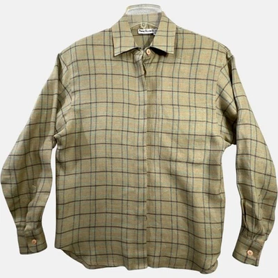 Винтажная льняная рубашка Anne Klein II женская размер 8 на пуговицах желтовато-коричневая клетчатая наплечная накладка - Изображение 1 из 4