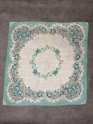 VTG Floral Handkerchief Hanky Hankie 12” X 11.5” Blue Green Purple - Image 1 of 4