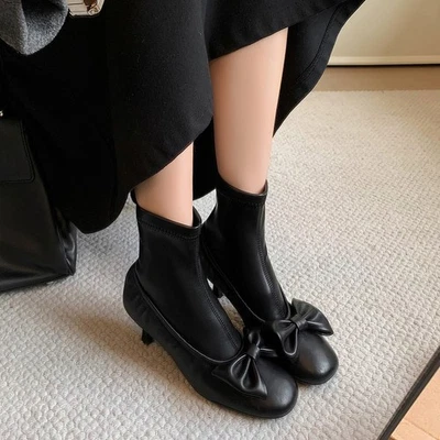 Botas al tobillo elásticas de cuero con moño para mujer 6 cm tacón de aguja medio moda damas Foto 1 de 4