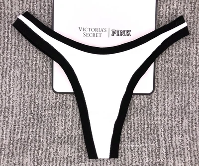 Victoria's Secret ROSA NUEVO CON ETIQUETAS Mediano Blanco Sin Costuras Pierna Alta Tanga Panty Logo Foto 1 de 4