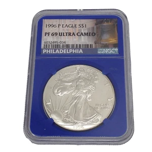 1996-P Proof American Silver Eagle NGC PF69 Ultra Cameo Blue Core Holder Label - Picture 1 of 4
