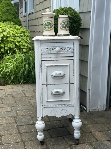 Antique Chic Apothecary Cabinet Painted Side Table Early 1920’s Depression Era Cover