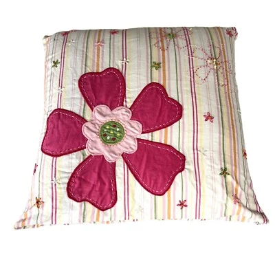 Pottery Barn Girls Pink Flower Embroidered Striped PIllow Decor Vintage - Image 1 of 4