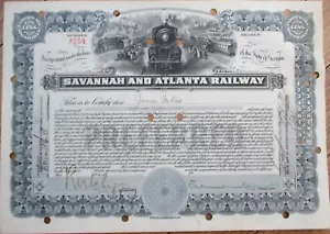 Certificado de stock de ferrocarril de Georgia 1917 Savannah and Atlanta Railway GA gris - Imagen 1 de 2