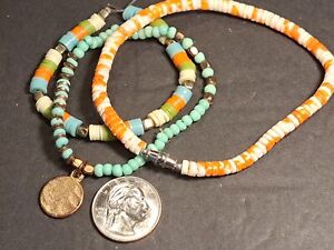 Powwow Jewelry Faux Turquoise  Bead  bracelets Goldtone disc 1 Heishi vtg