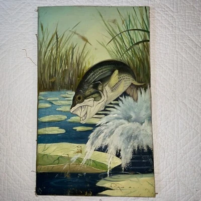 Vintage años 70 boca grande pez BAJO pintado a mano pintura al óleo pescador pescador Foto 1 de 4