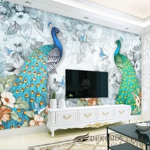 Fotomural no tejido papel pintado murales 3D flores de pavo real y mariposas 2146 - Imagen 1 de 5