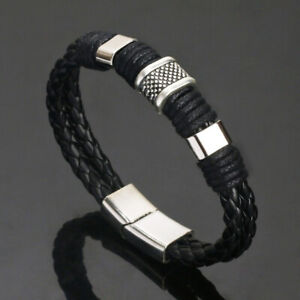Men Women Leather Titanium Steel Magnetic Braided Clasp Bracelet Bangle Jewelry