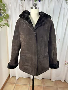 Jones New York Coat Brown Suede Hooded Faux Fur Shearling Fully Lined Heavy sz M - Picture 1 of 12