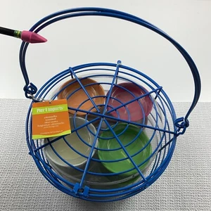 NEW Pier 1 One Set of 8 Outdoor Blue Basket Holder Tin Bucket Citronella Candles - Picture 1 of 5