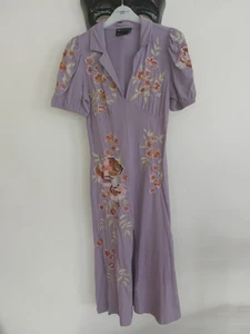 ASOS Design UK 10 Petite Purple Embroided Floral Cotton Split Detail Midi Dress - Picture 1 of 13