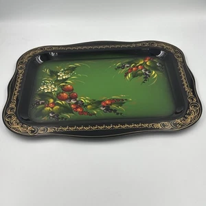 Vintage handbemalt Blumen Metall Tablett russisch signiert Goth viktorianisch Landhaus - Bild 1 von 9