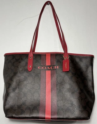 Bolso de Mano Coach Bolso de Hombro Marrón Firma Rojo Universitario Rayas 16x11x5" Foto 1 de 4