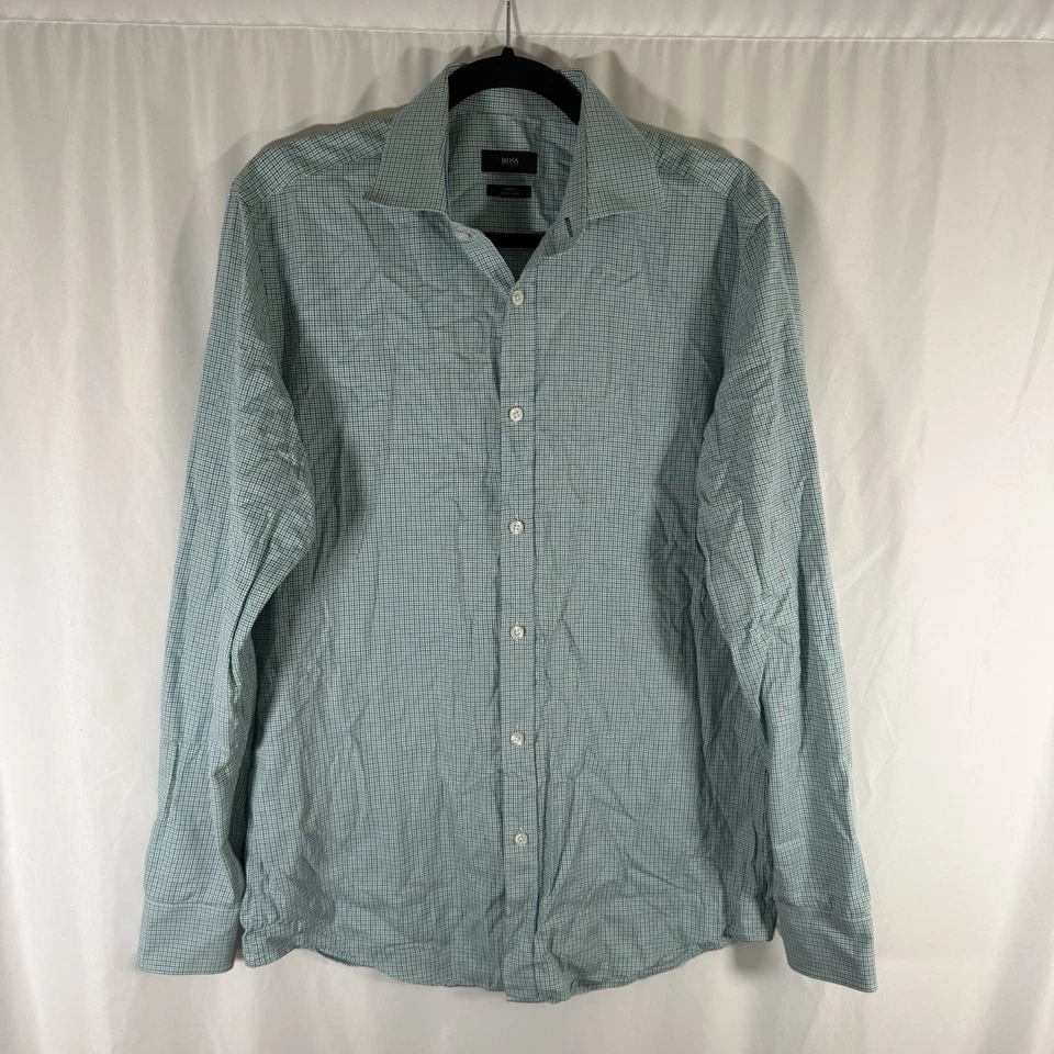 Camisa masculina Boss Hugo Boss 39 15,5 verde xadrez manga comprida fina - Imagem 1 de 4