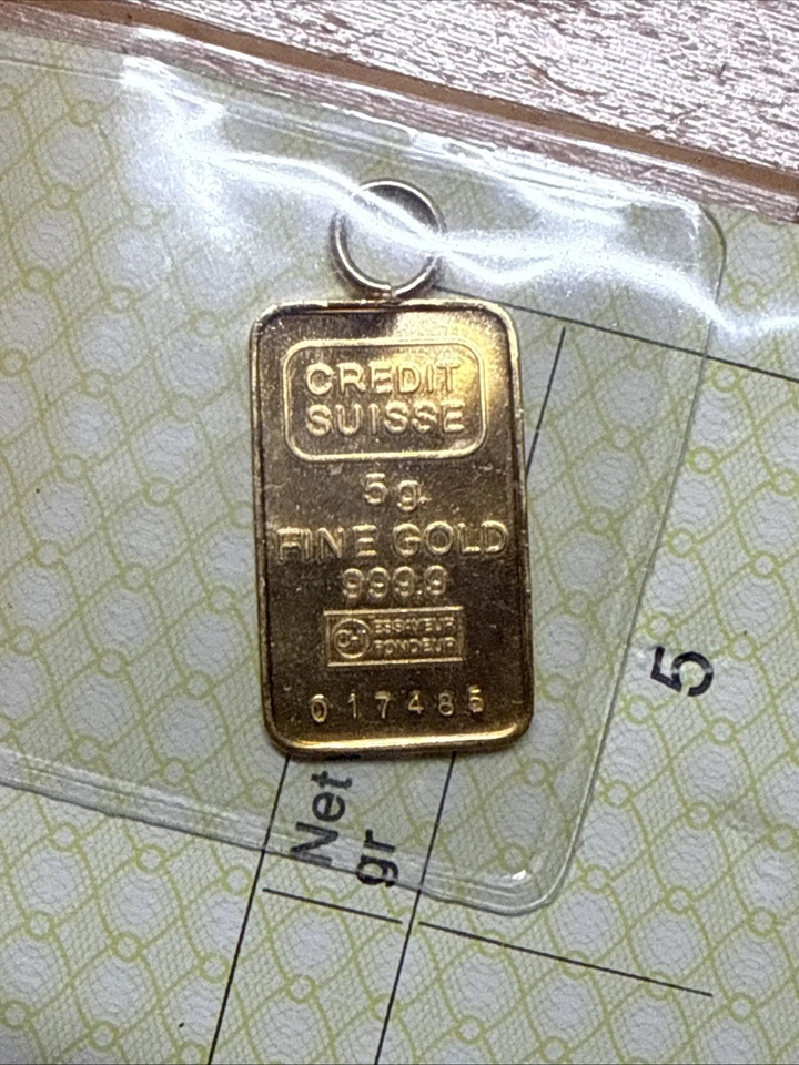复古瑞士信贷 5 克金条吊坠和原装检测卡 Valcambi — 第 1/4 张图片