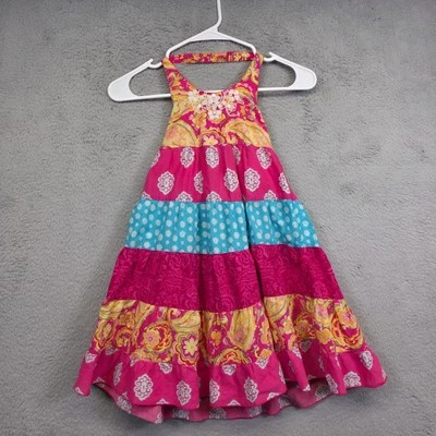 Girls Dress 6 Pink Halter Tiered Patchwork Boho Photoshot Wedding Guest Beach - Image 1 of 4