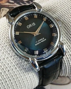 Vintage Oris Swiss Handaufzug Herrenuhr blaues Ziffernblatt Tropfen Bandanstöße Stahlgehäuse - Bild 1 von 9