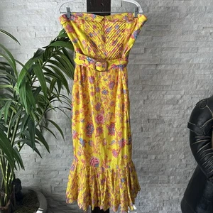 HEMANT & NANDITA “Raisa” Yellow Pink Floral Eyelet Smocked Tube Dress Size L NWT - Picture 1 of 15