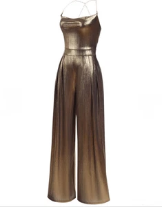 Retro Stage women’s M gold bronze metallic pantsuit romper 70s Disco pearl strap - Picture 1 of 4