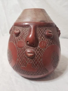 VTG Marajoara Terra Cotta Amazon Brazil Red Clay Face Pottery Pot Vase Pre-owned - Picture 1 of 9