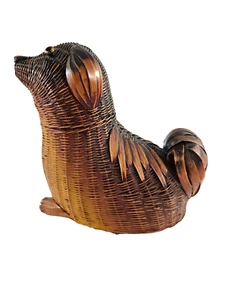 Vintage Wicker & Rattan Dog Sculpture Basket with Lid Pekingese Small Decor - Picture 1 of 6