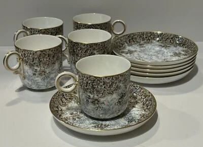 Antiguo Juego de Platillos Demitasse Floral Chintz Azul Marrón Royal Worcester Años 1860 Foto 1 de 4