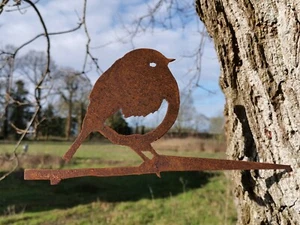 RUSTY METAL ROBIN BIRD SILHOUETTE GARDEN ART  RUSTIC BIRD SCULPTURE GARDEN DECOR - Picture 1 of 3