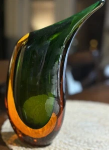 MCM 1950’s FLAVIO POLI SEGUSO MURANO ART GLASS GREEN AMBER SOMMERSO 9.5” VASE - Bild 1 von 7
