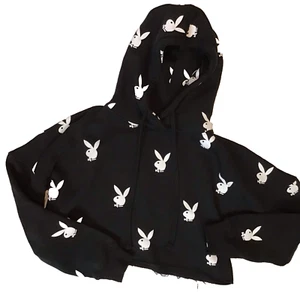 Playboy Missguided Sweatshirt Womens Black Cropped Bunny Logo Hoodie Top - Picture 1 of 5