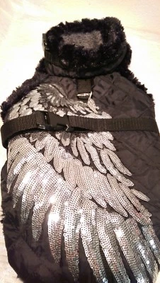 MASI DOGSDESIGN Wintermantel Hundemantel schwarz silber Glitzer M Hunde warm Engelsflügel Engel