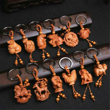 3D Cute Peach Wood Carving Twelve Chinese Zodiac Animal Statue Key Chain Pendant