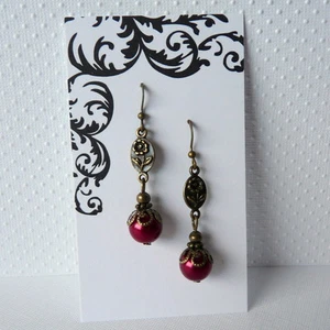 Victorian Art Nouveau Vintage Style Flower Red Pearl Bronze Earrings  - Picture 1 of 2