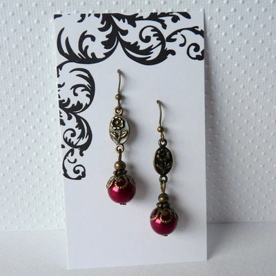 Victorian Art Nouveau Vintage Style Flower Red Pearl Bronze Earrings  - Image 1 of 2