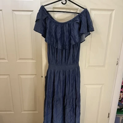 Maxi Vestido INC Hombro Descubierto Ombré Con Aberturas Azul Talla L Cottagecore Playa Foto 1 de 4