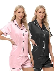 2er Pack Set Satin Kurzarm Pyjama Sets Oberteile & Shorts Gr. XXL Rosa & Schwarz - Bild 1 von 12