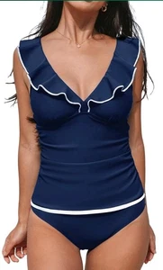 CUPSHE Womens Tankini 2 Piece Swimsuit - Navy Blue Size L - Picture 1 of 13