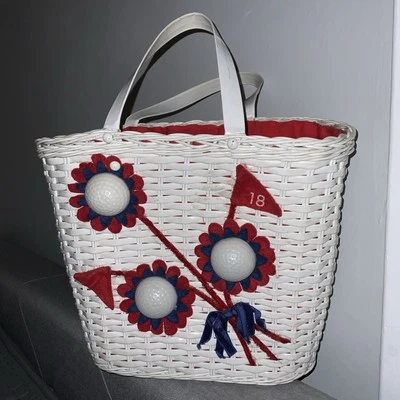 Hadley House Inc Purse Vintage 60s 70s Golf White Wicker Red Blue Patriotic - Image 1 of 4