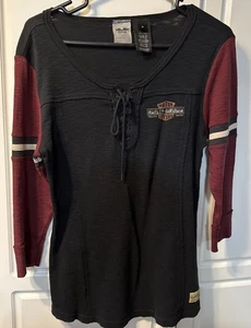 Harley Davidson Womens MED Henley Lace up Neck-3/4 Sleeves~Black/Burgundy-EUC - Picture 1 of 8