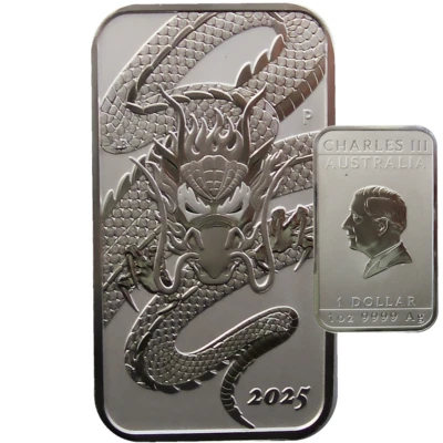 Dragon Rectangular 2025 1oz Silber Ag 999,9 Perth Mint Australien incl Kapsel - Bild 1 von 4