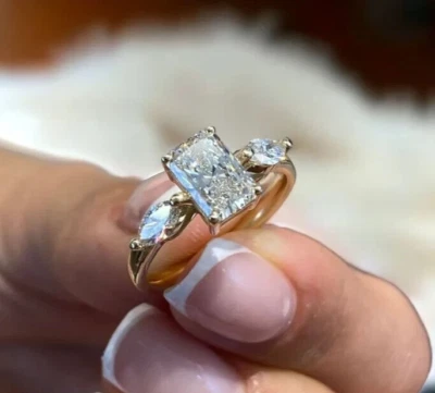 3.60Ct Radiant-Cut VS Lab Grown Diamond Three Stone Wedding Ring 14k Yellow Gold - Image 1 of 4