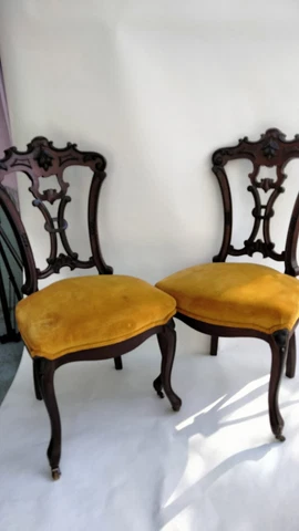 Pair (2) Antique Cherry Victorian Carved Velvet Dining Chairs in Romantic Style Cover