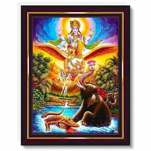 Lord Vishnu Berg auf Garuda Gemälde HD gedruckt religiös Bild Holzrahmen - Bild 1 von 4
