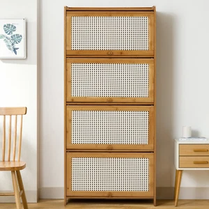 4 Tier Sideboard Cabinet Storage Shelf Stand Rattan Doors Cupboard Bookshelf - Picture 1 of 8