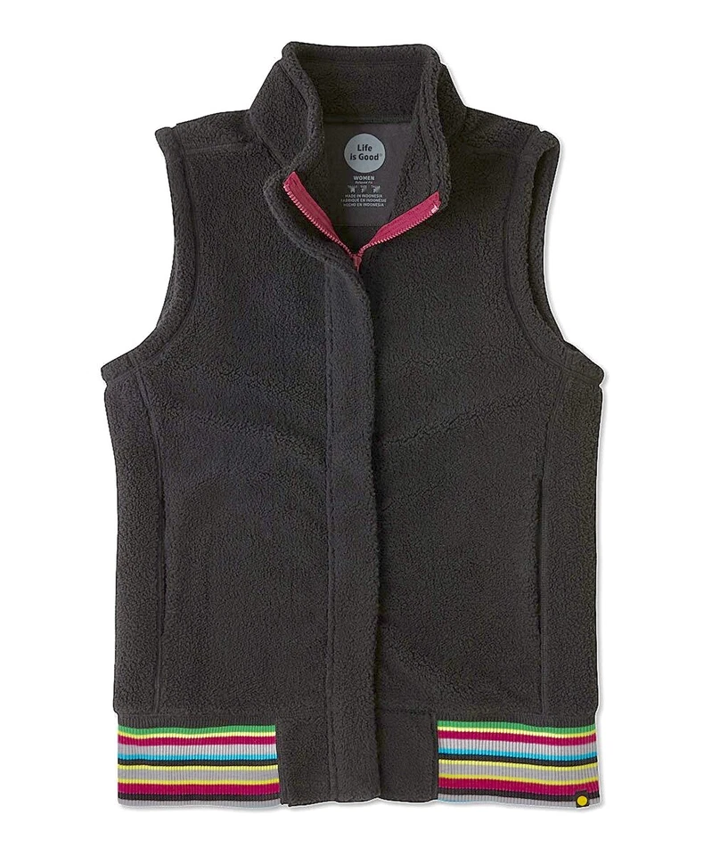 XL NWT Women's Life Is Good Black Faux Sherpa Zip Front Striped Cuff Vest — 第 1/2 张图片
