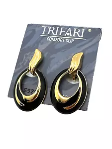New TRIFARI Earrings Black Enamel & Gold Tone Clip On Door Knockers 1 1/2" NWT - Picture 1 of 9